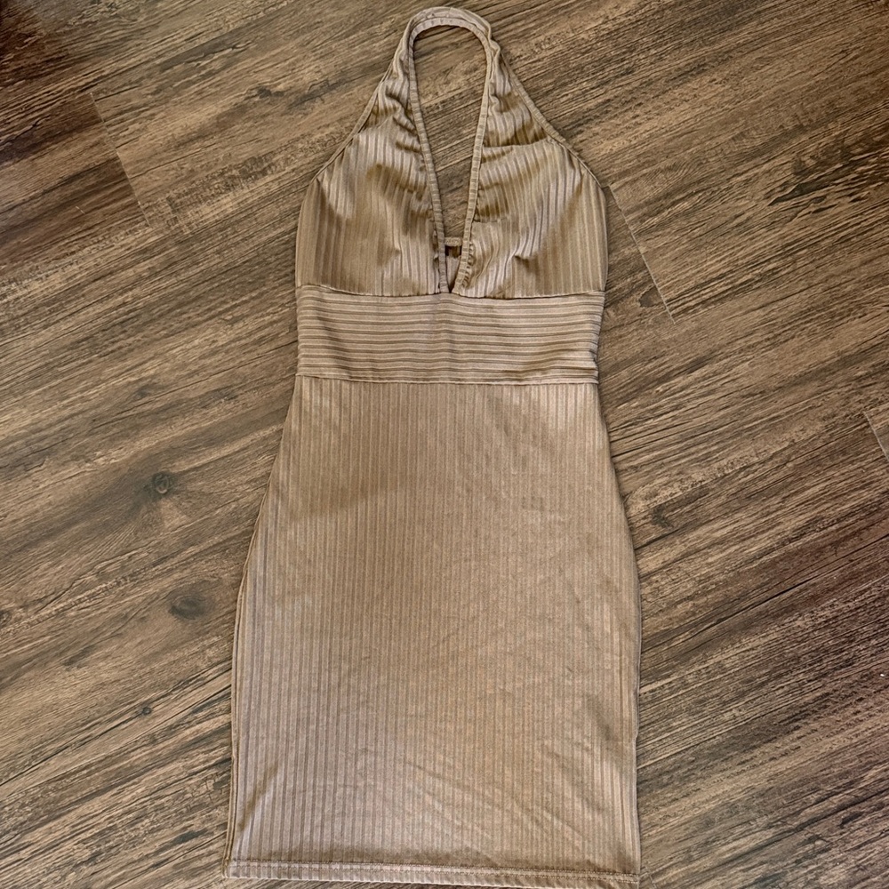 Ribbed Halter Neck Dress in light brown